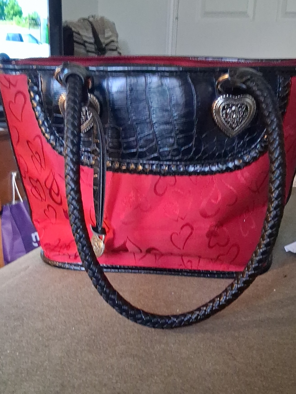Heart-Print Red Tote with Black Trim and Braided Handles